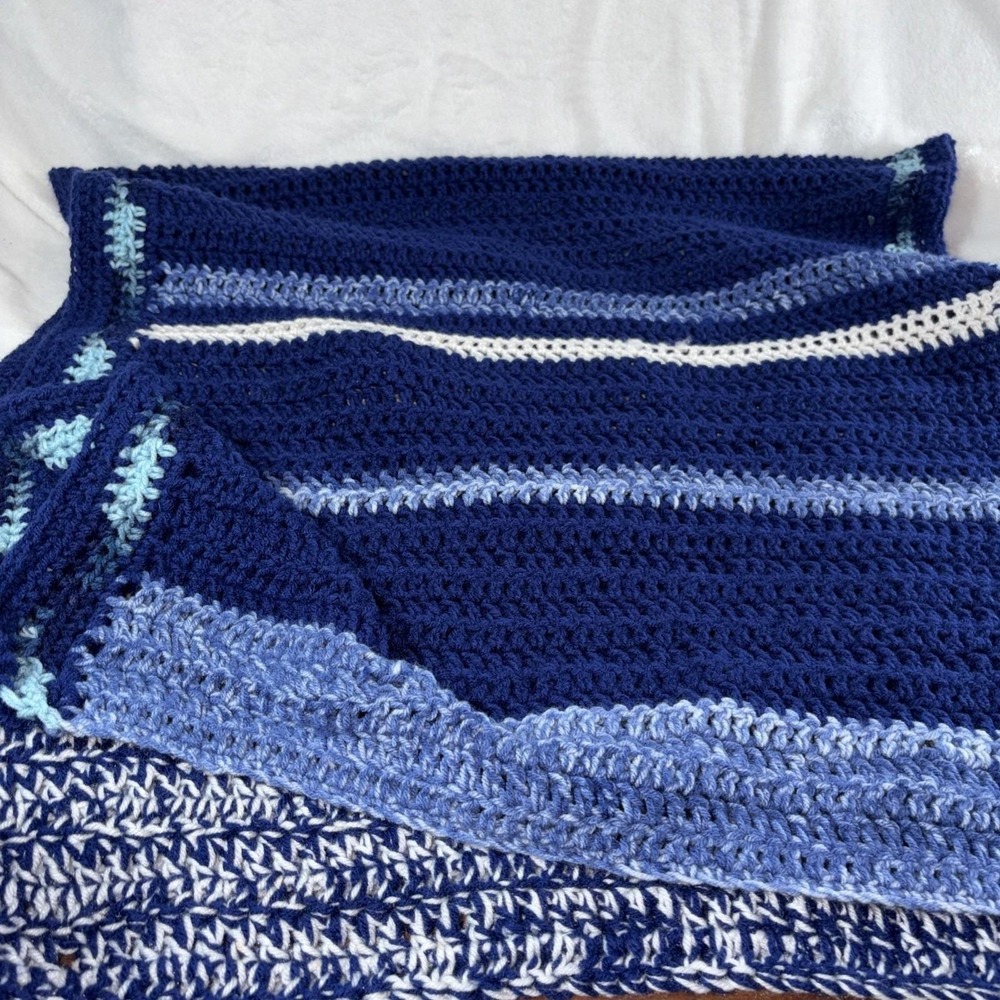 Vintage 80s Handmade Crochet Lapgan 56"x28" Grandmacore MCM Gradient Blue GVC